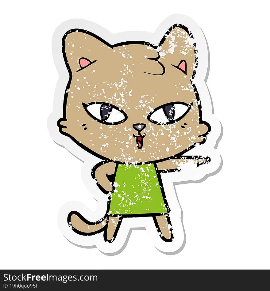 distressed sticker of a cartoon cat in dress pointing