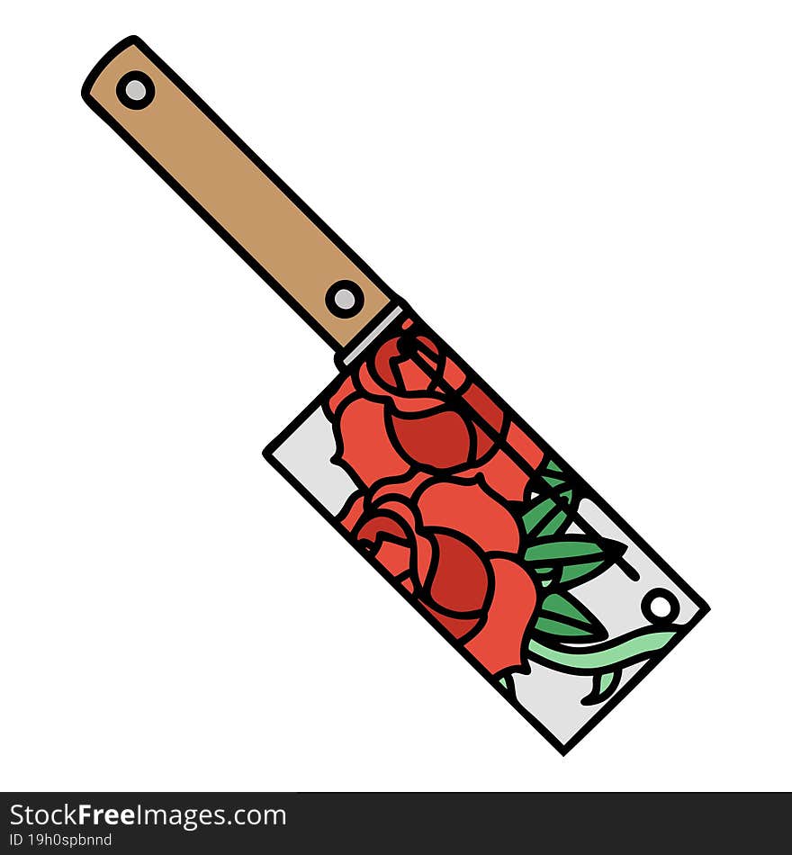 traditional tattoo of a cleaver and flowers