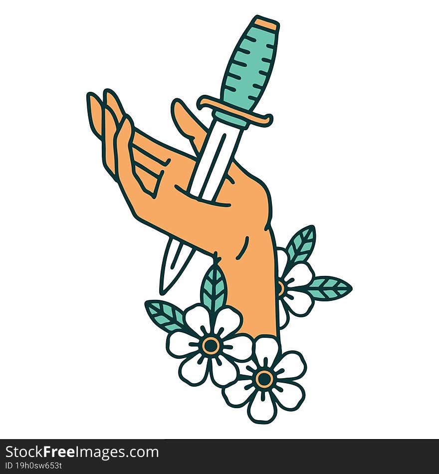 iconic tattoo style image of a dagger in the hand. iconic tattoo style image of a dagger in the hand