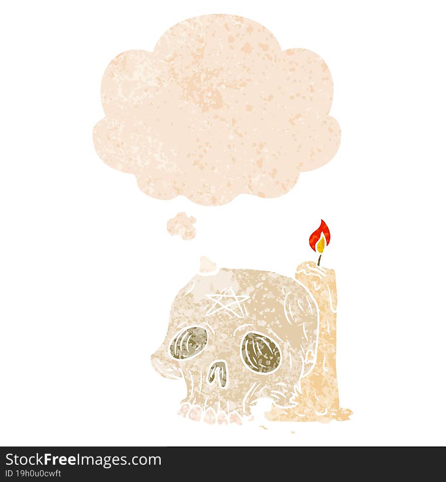 Cartoon Spooky Skull And Candle And Thought Bubble In Retro Textured Style