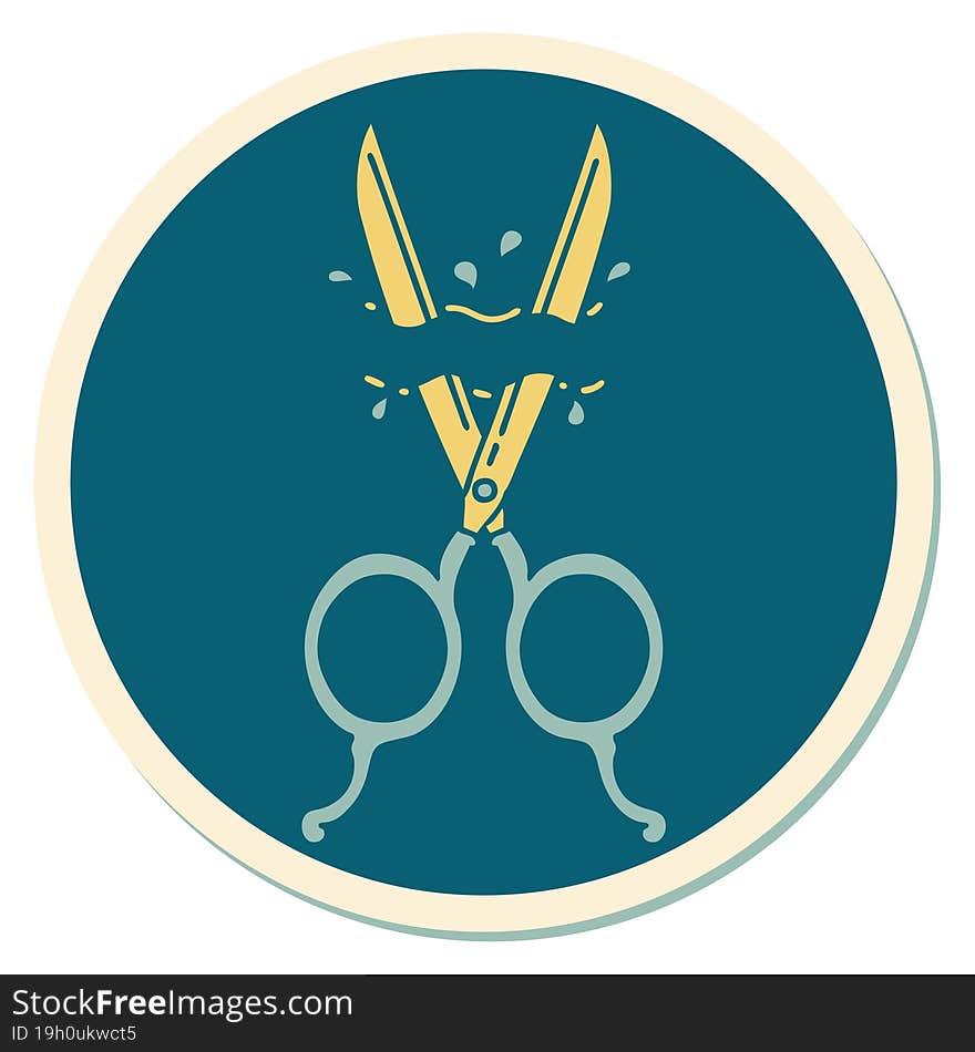 sticker of tattoo in traditional style of barber scissors. sticker of tattoo in traditional style of barber scissors