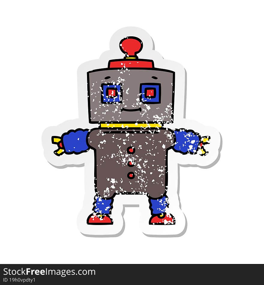 distressed sticker of a quirky hand drawn cartoon robot