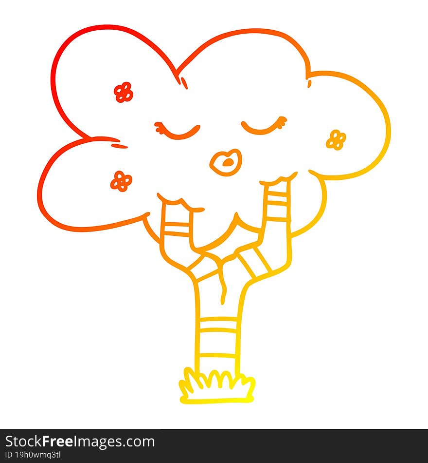 warm gradient line drawing of a cartoon tree with face