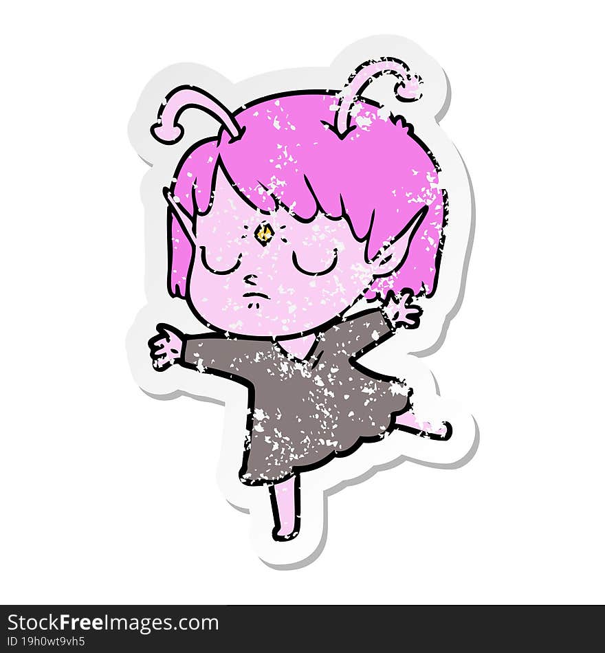 distressed sticker of a cartoon alien girl