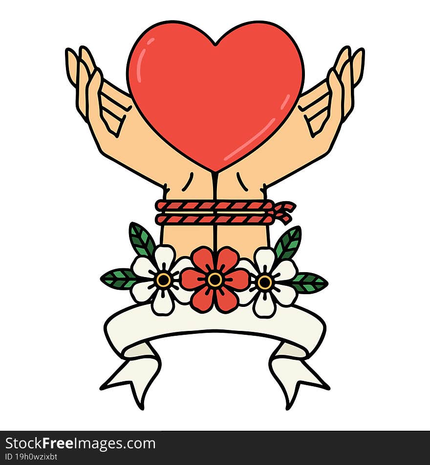 tattoo with banner of tied hands and a heart