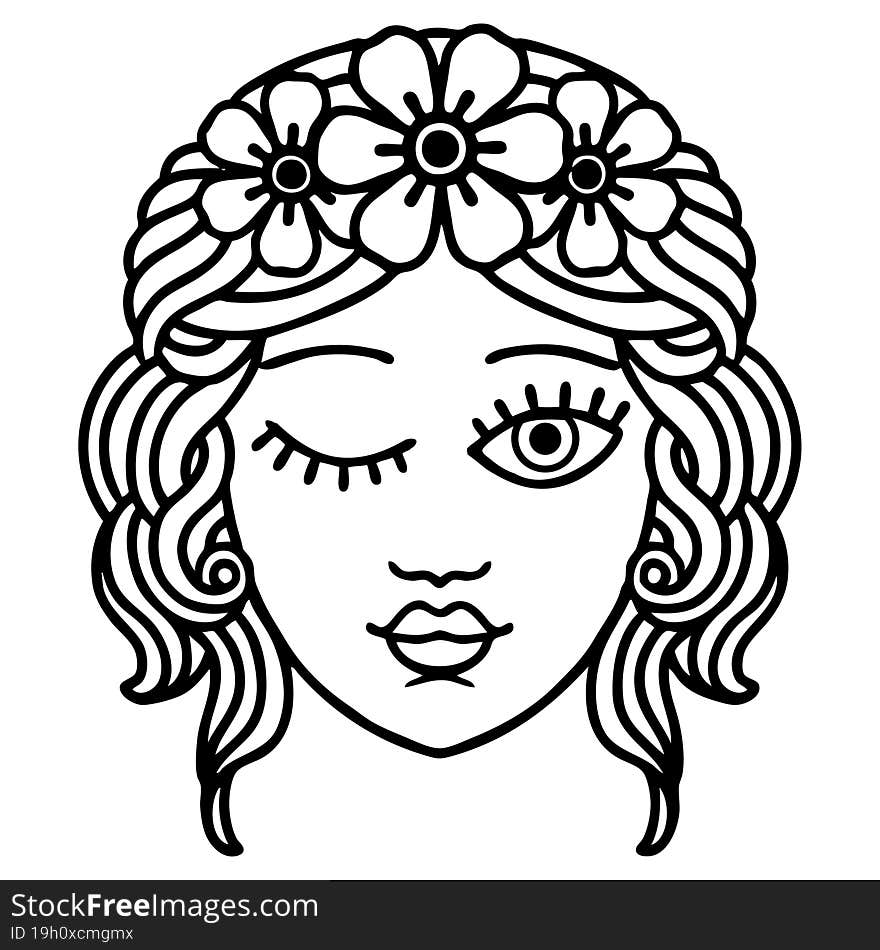 tattoo in black line style of a maidens face winking. tattoo in black line style of a maidens face winking