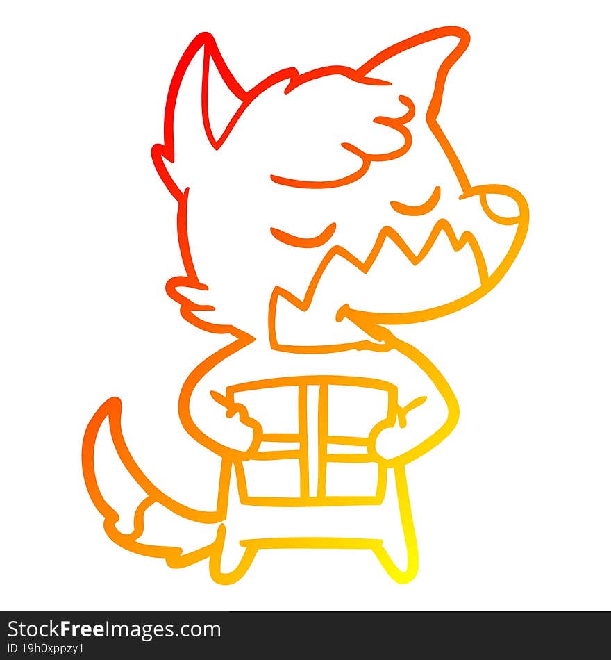 Warm Gradient Line Drawing Friendly Cartoon Fox With Christmas Present