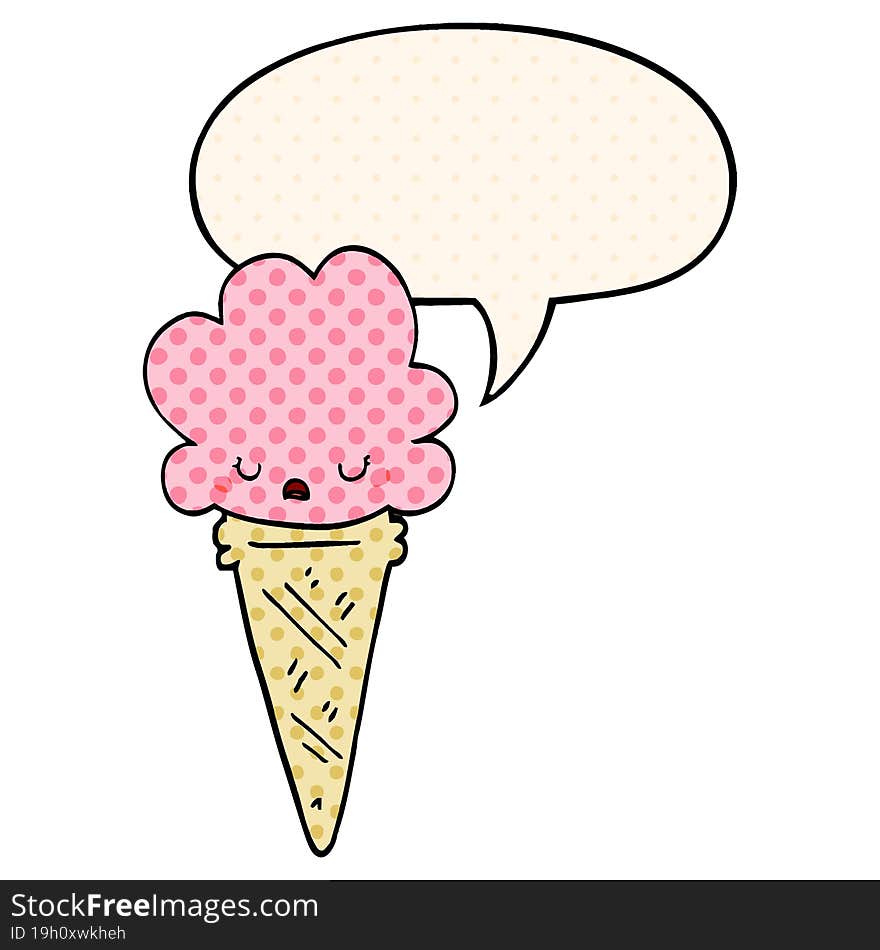 cartoon ice cream and face and speech bubble in comic book style