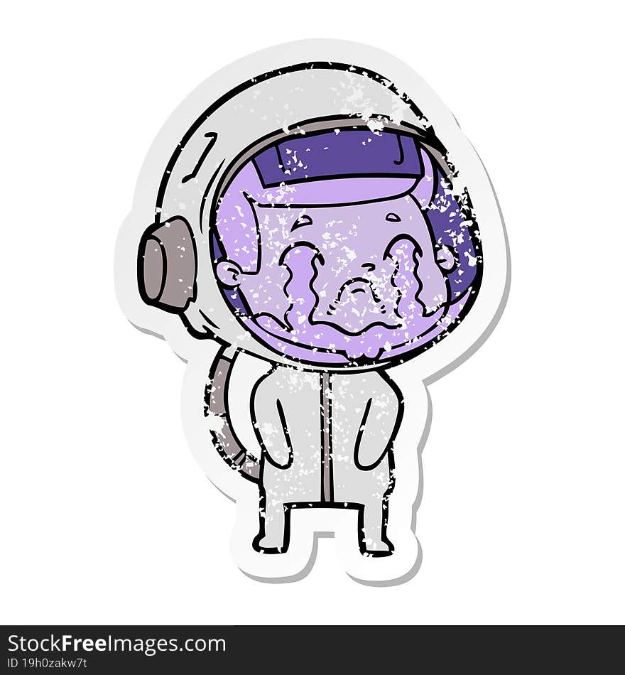 distressed sticker of a cartoon crying astronaut