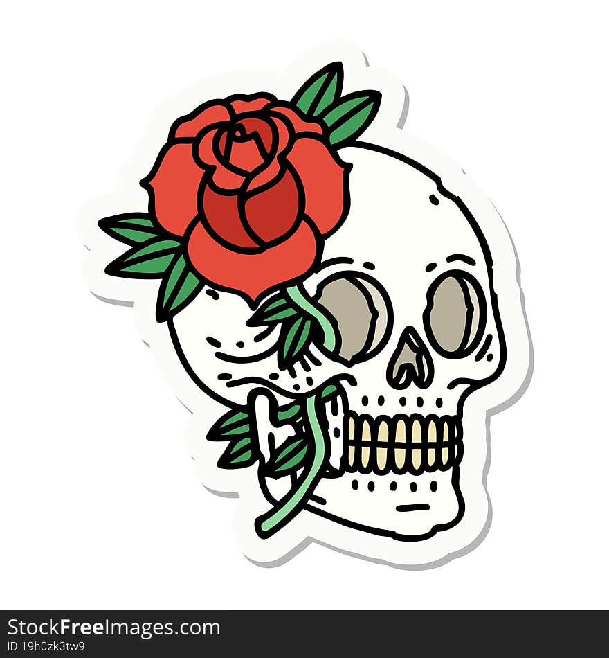 sticker of tattoo in traditional style of a skull and rose. sticker of tattoo in traditional style of a skull and rose