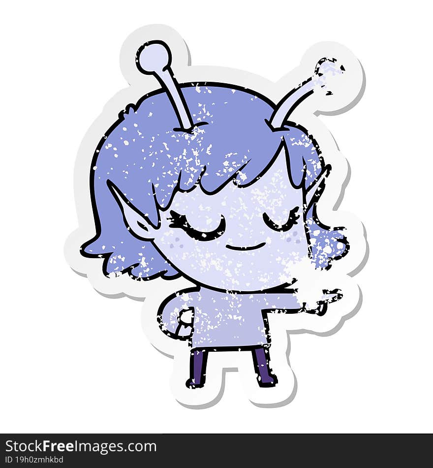 distressed sticker of a smiling alien girl cartoon