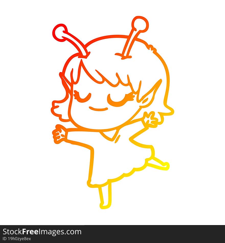 warm gradient line drawing smiling alien girl cartoon dancing