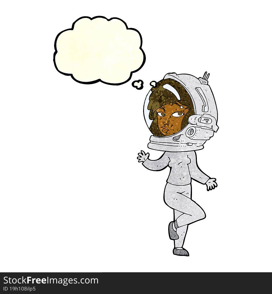 cartoon woman wearing space helmet with thought bubble