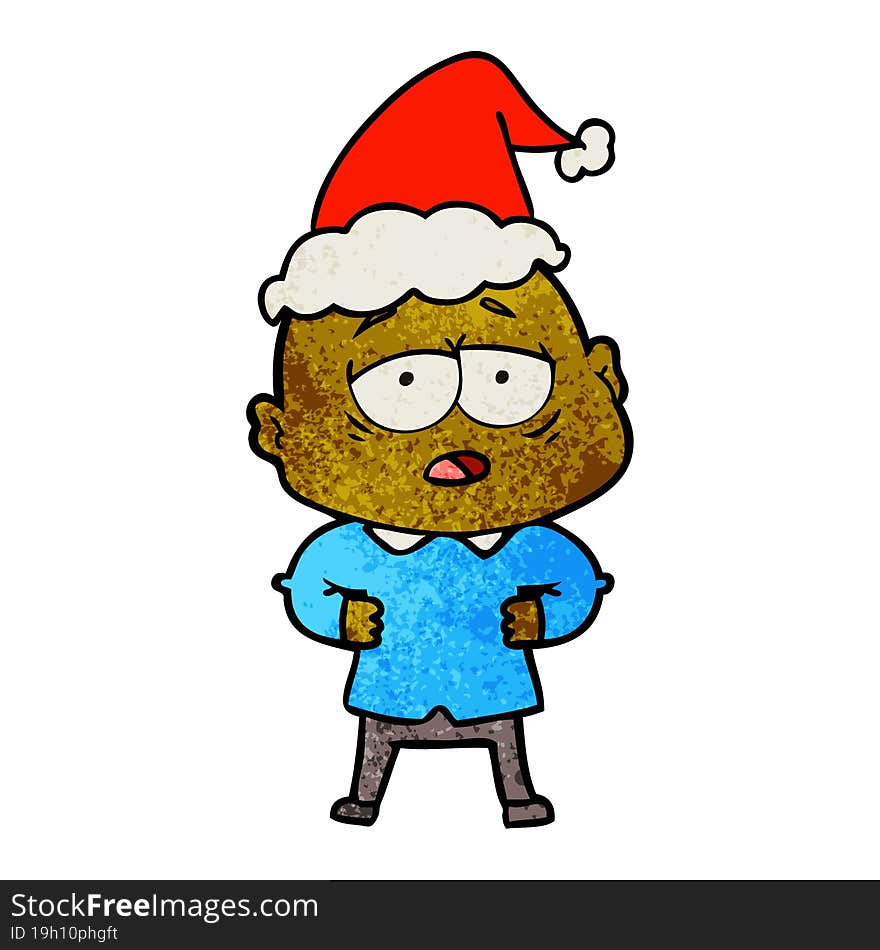 textured cartoon of a tired bald man wearing santa hat