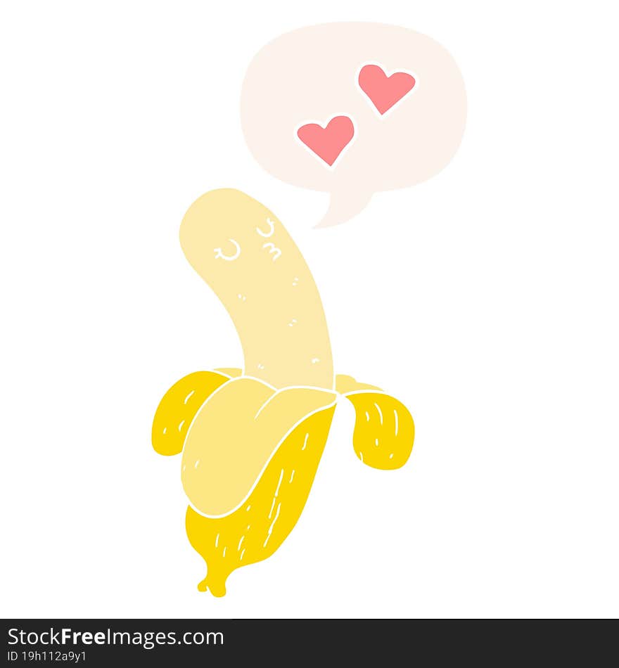 cartoon banana in love and speech bubble in retro style