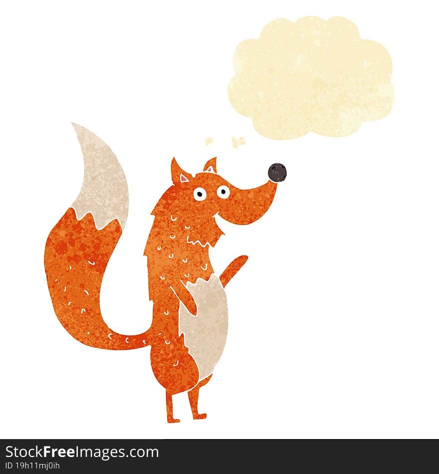 cartoon waving fox with thought bubble