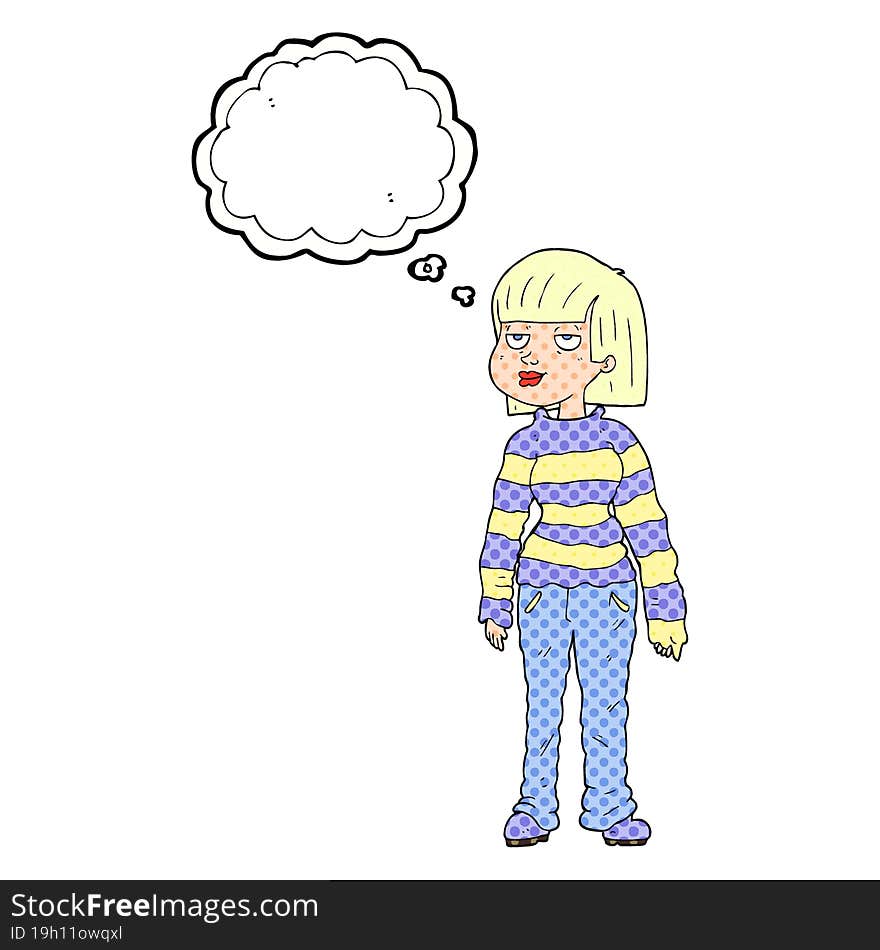 freehand drawn thought bubble cartoon woman in casual clothes