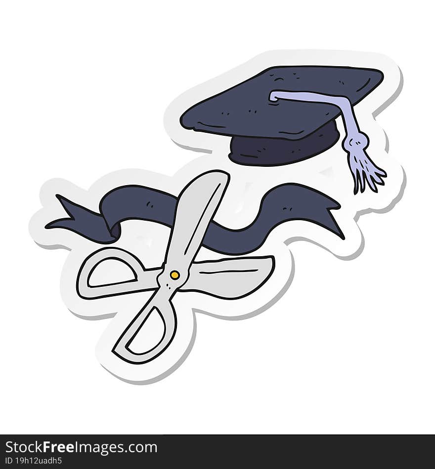 sticker of a cartoon scissors cutting ribbon at graduation