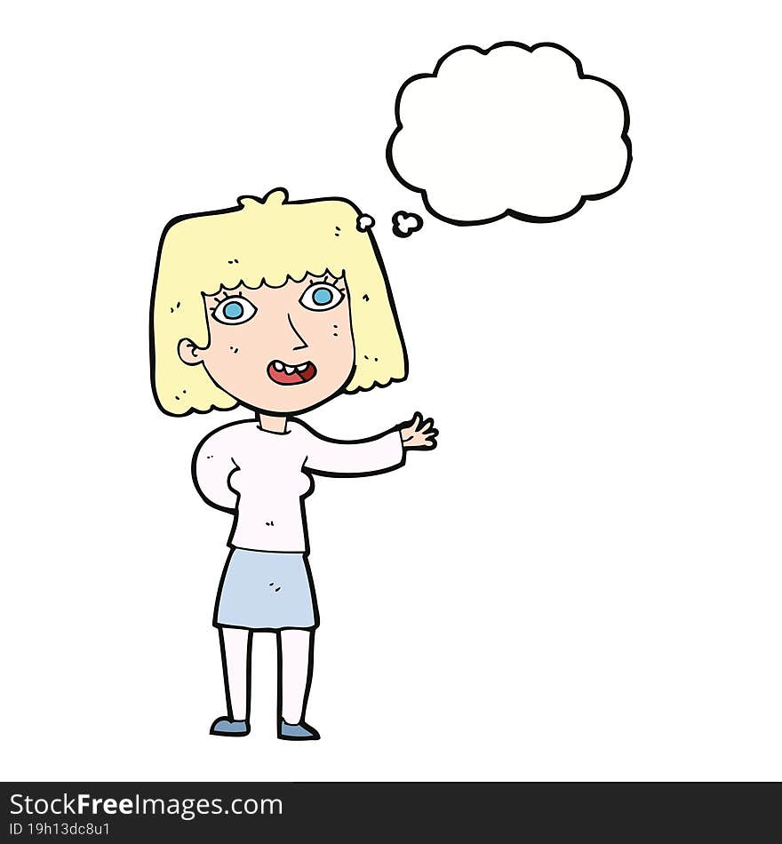 cartoon friendly woman waving with thought bubble