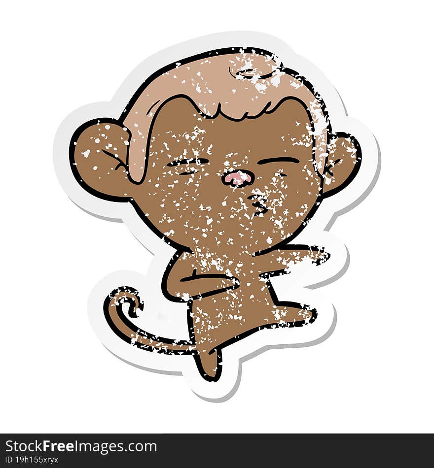 Distressed Sticker Of A Cartoon Suspicious Monkey