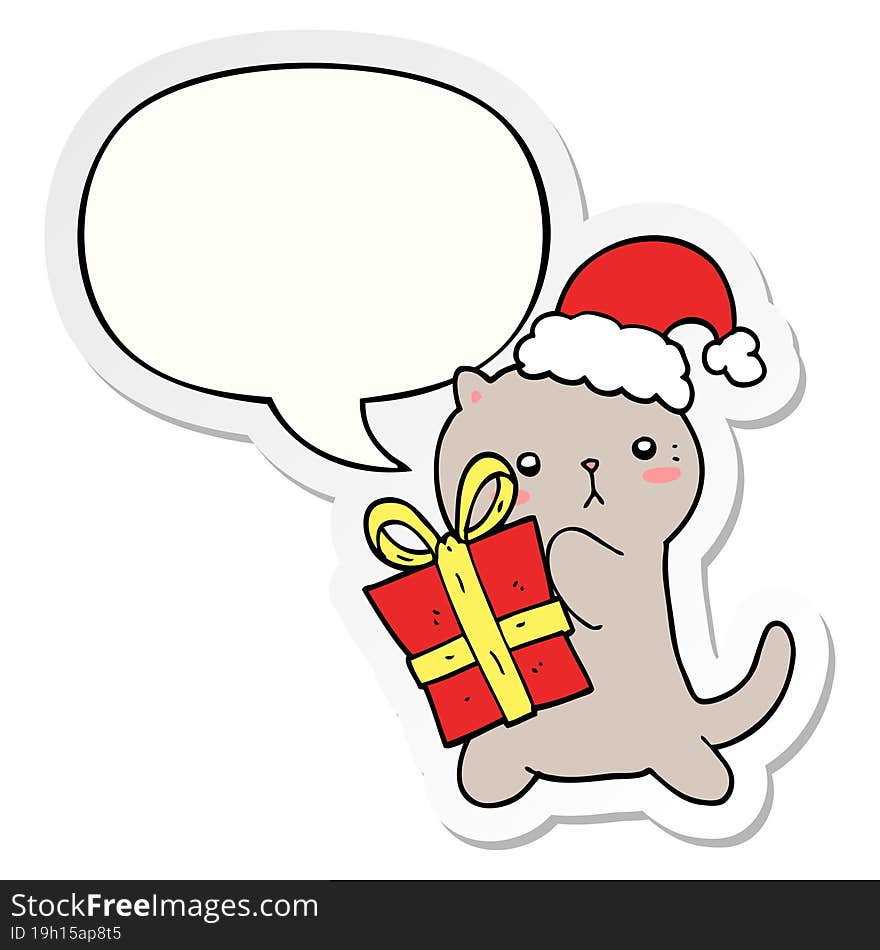 cute cartoon cat carrying christmas present with speech bubble sticker