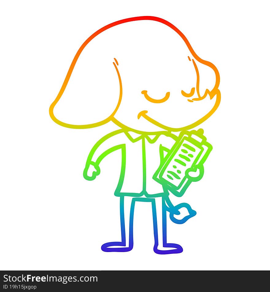 rainbow gradient line drawing cartoon smiling elephant with clipboard