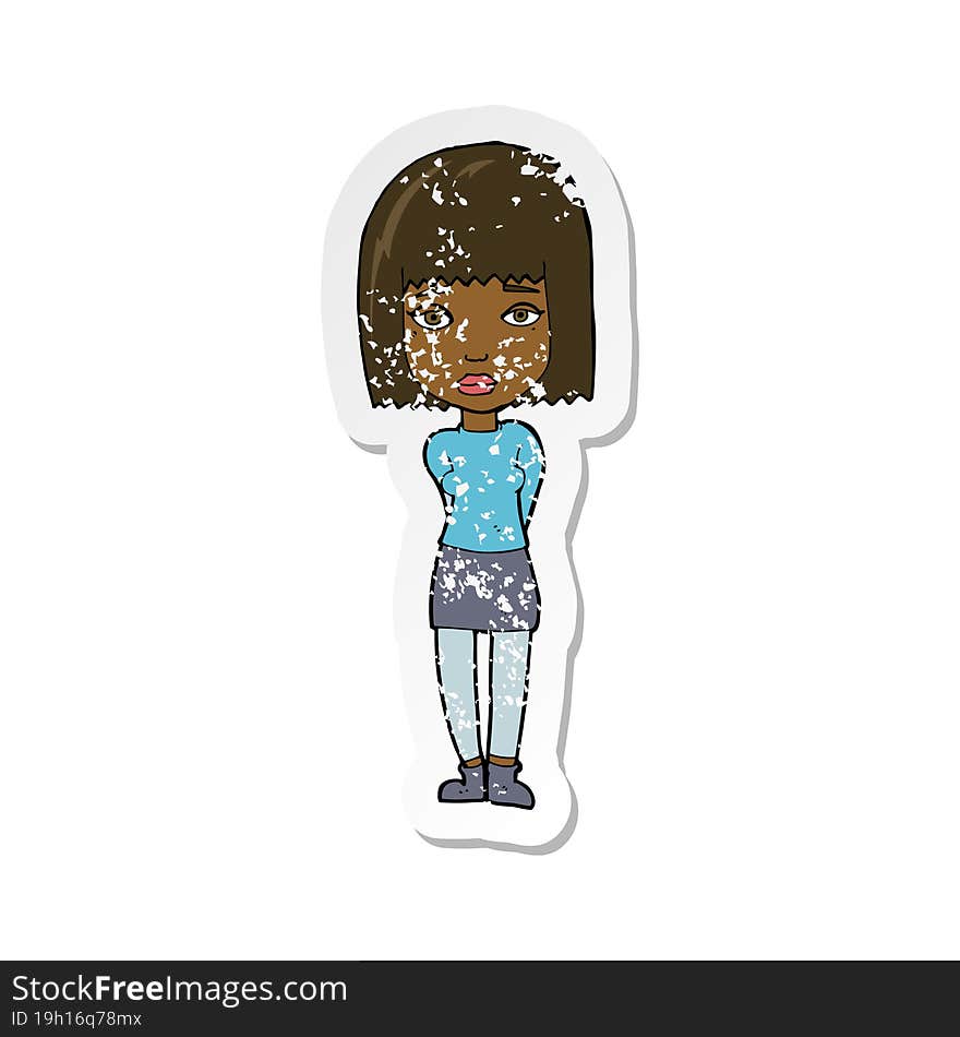 Retro Distressed Sticker Of A Cartoon Serious Girl