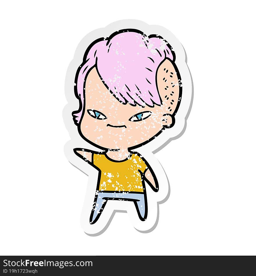 distressed sticker of a cute cartoon girl with hipster haircut