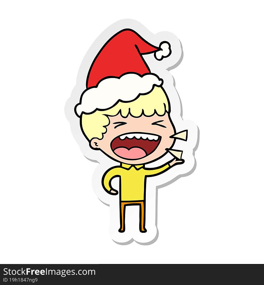 hand drawn sticker cartoon of a laughing man wearing santa hat