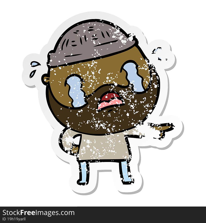 distressed sticker of a cartoon bearded man crying