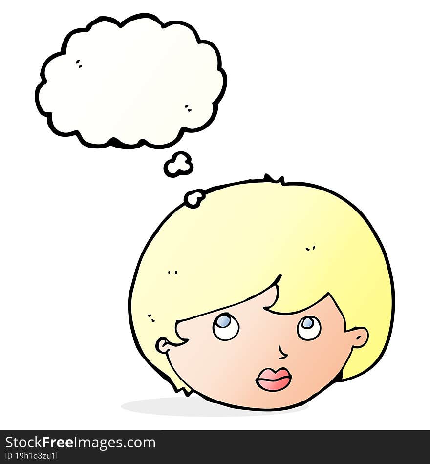 cartoon female face looking upwards with thought bubble