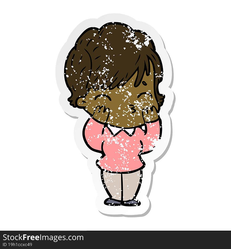 distressed sticker of a cartoon woman thinking