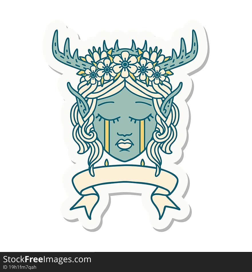 sticker of a elf druid character face with banner. sticker of a elf druid character face with banner