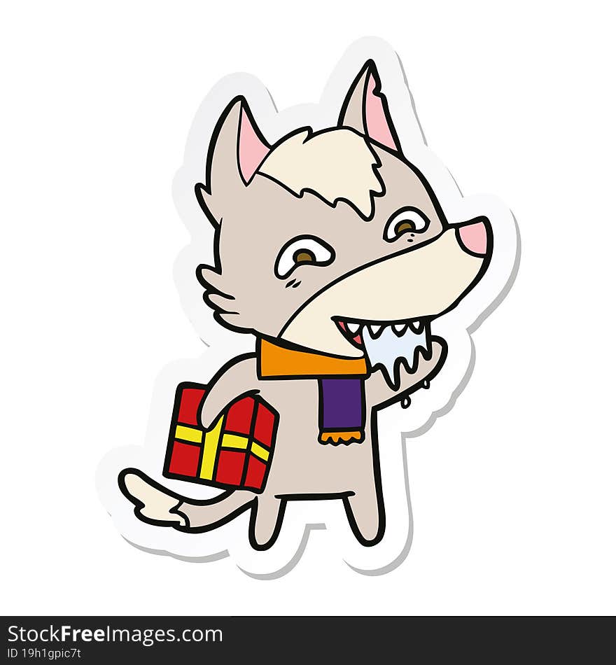 sticker of a cartoon hungry wolf holding christmas present