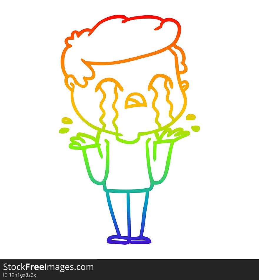 rainbow gradient line drawing of a cartoon man crying