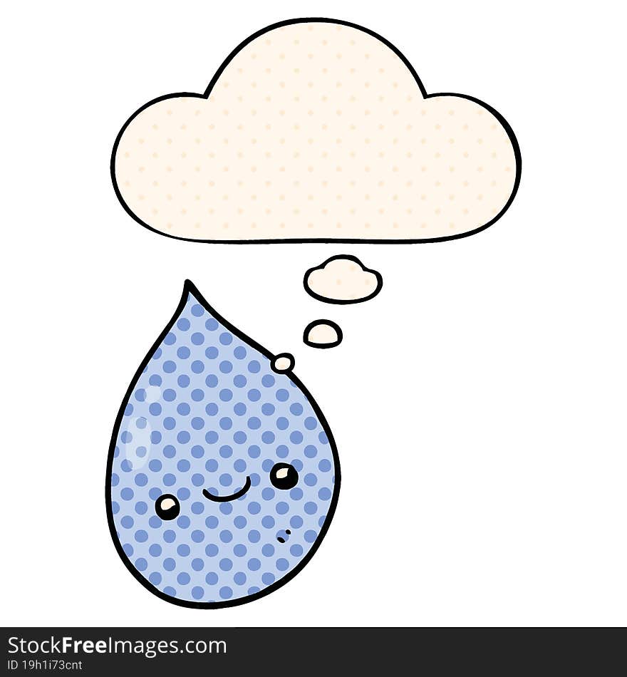 cartoon raindrop with thought bubble in comic book style