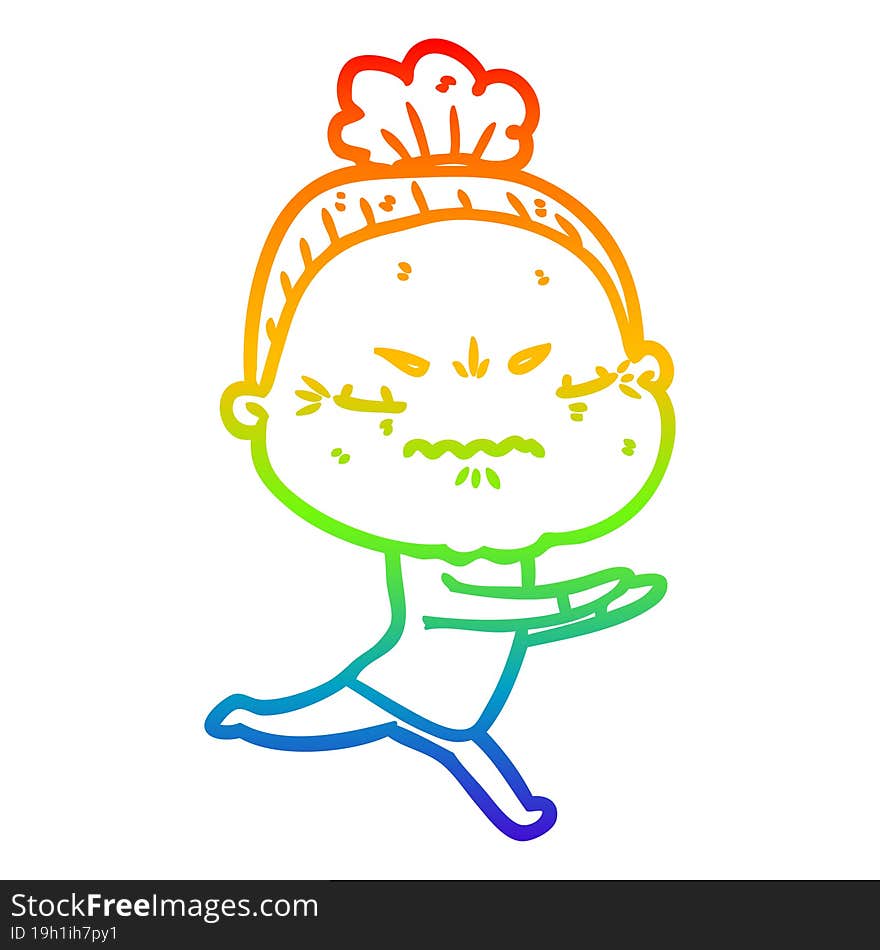 Rainbow Gradient Line Drawing Cartoon Annoyed Old Lady