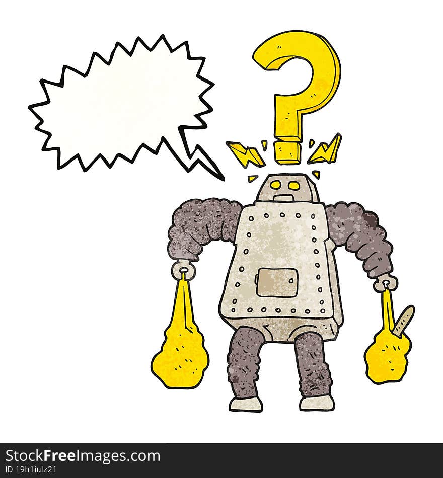 speech bubble textured cartoon confused robot carrying shopping