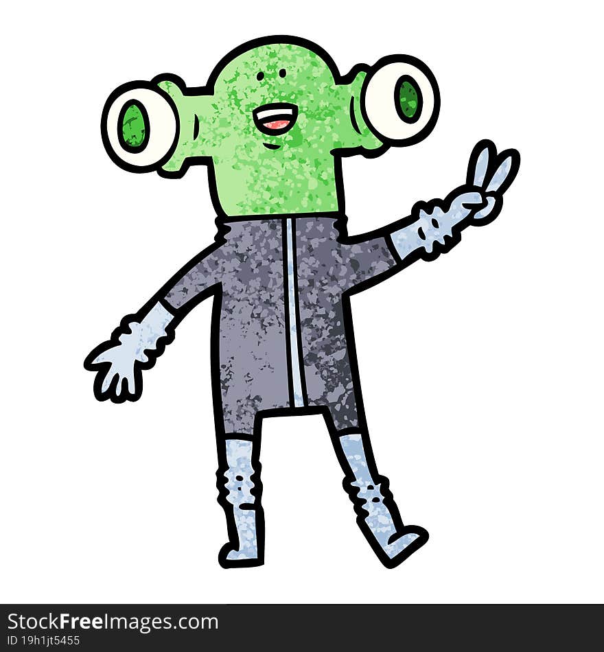 friendly cartoon alien giving peace sign. friendly cartoon alien giving peace sign