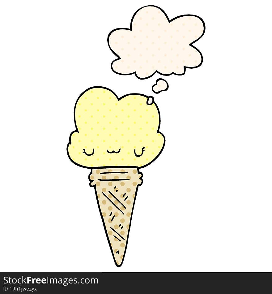 cartoon ice cream with face and thought bubble in comic book style