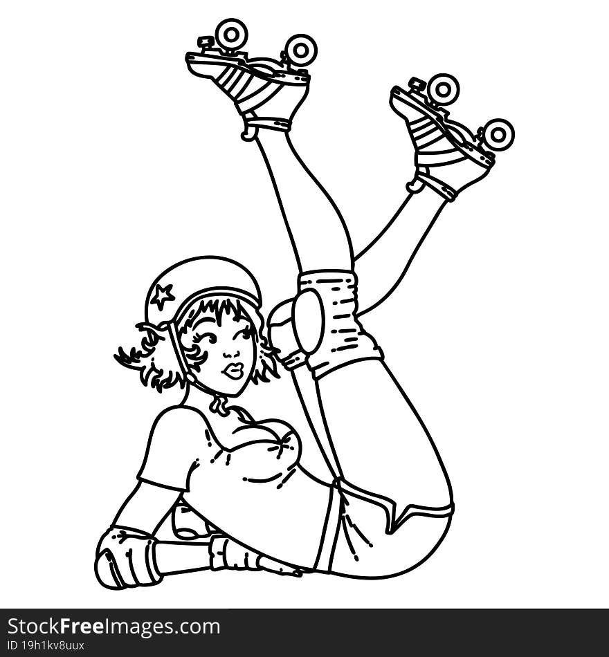 black line tattoo of a pinup roller derby girl