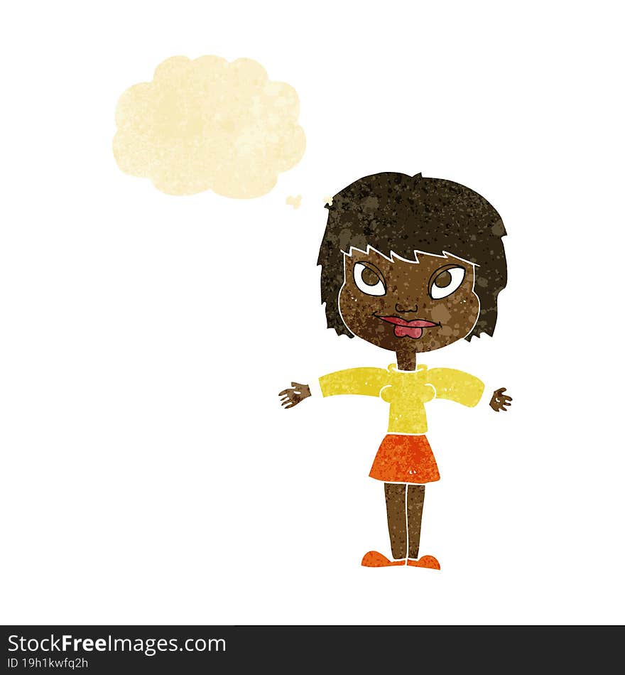 cartoon woman with open amrs with thought bubble