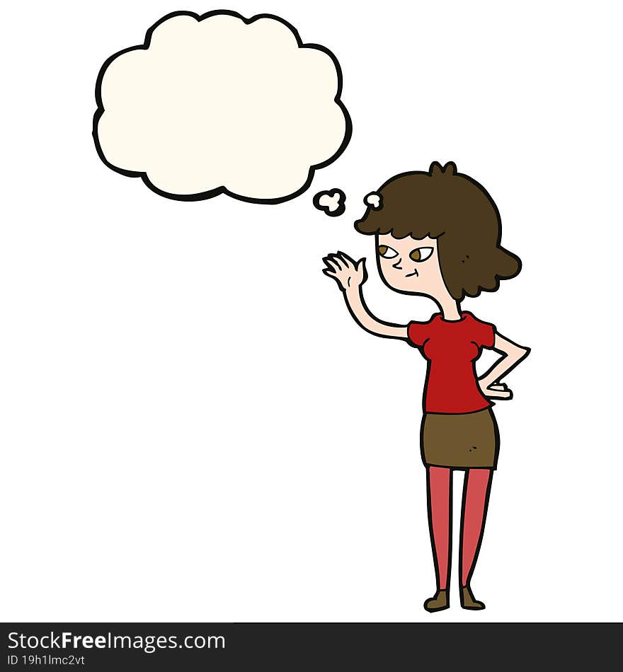 cartoon friendly girl waving with thought bubble