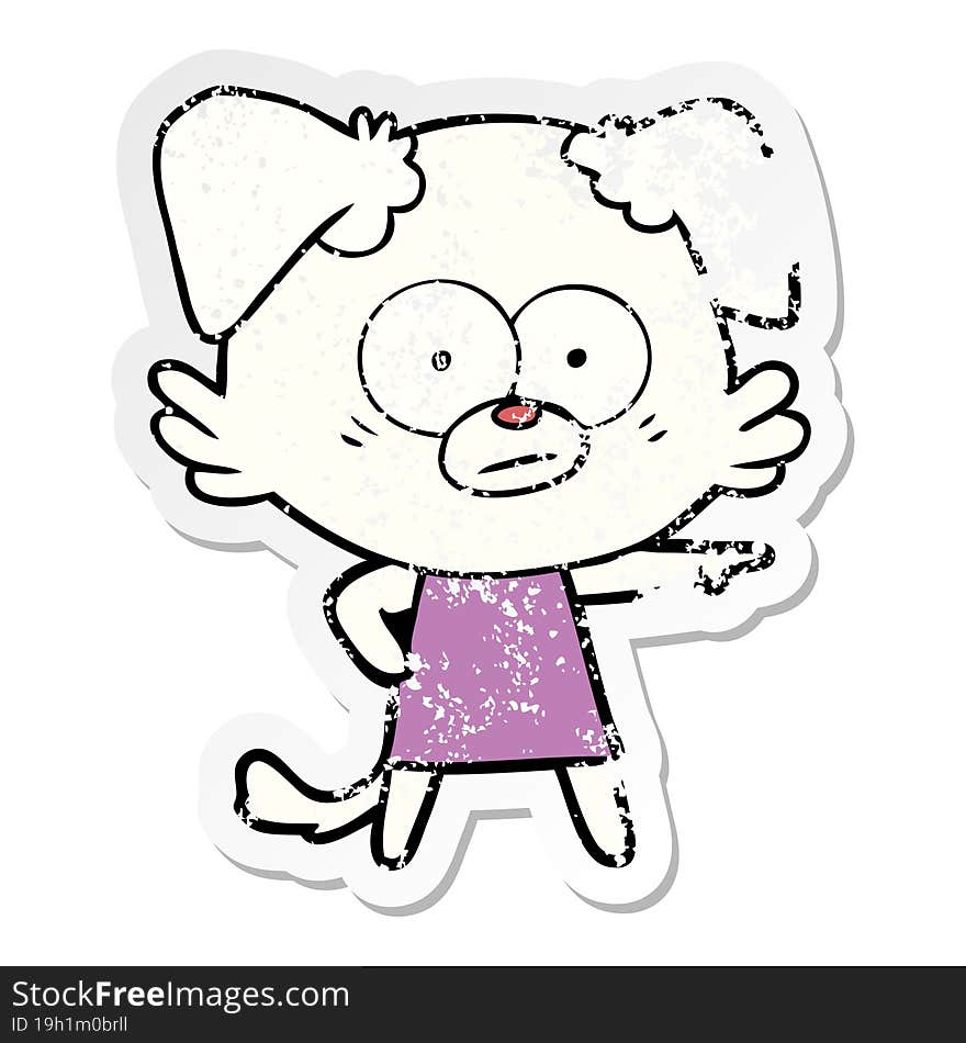 distressed sticker of a nervous cartoon dog in dress pointing