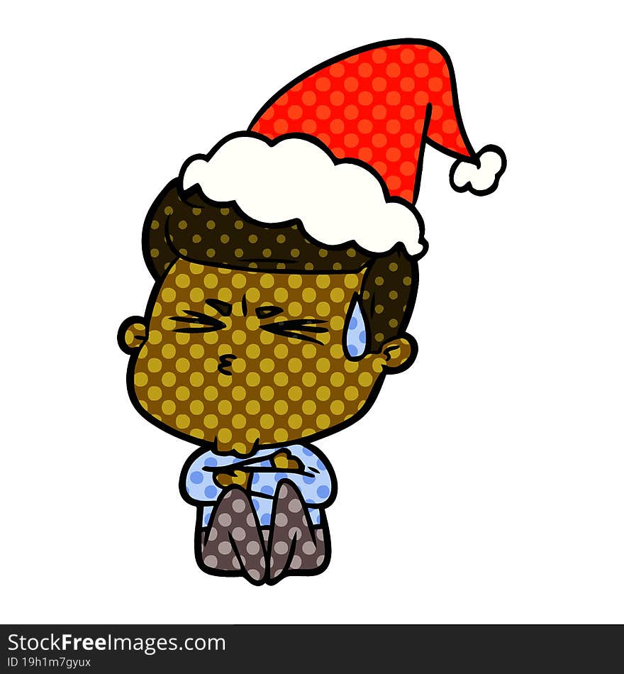 comic book style illustration of a man sweating wearing santa hat