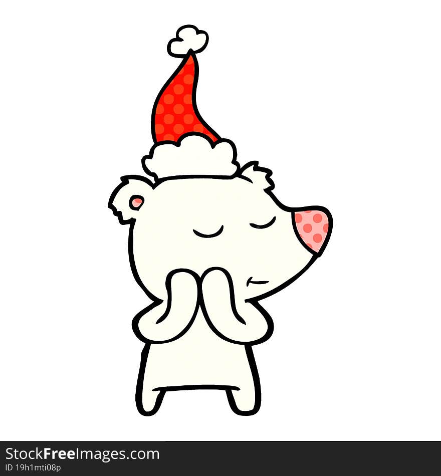 happy comic book style illustration of a polar bear wearing santa hat