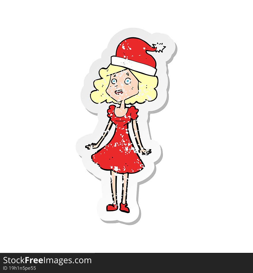 Retro Distressed Sticker Of A Cartoon Woman Dressed For Christmas