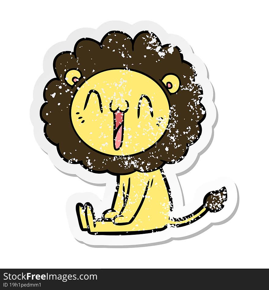 distressed sticker of a happy cartoon lion