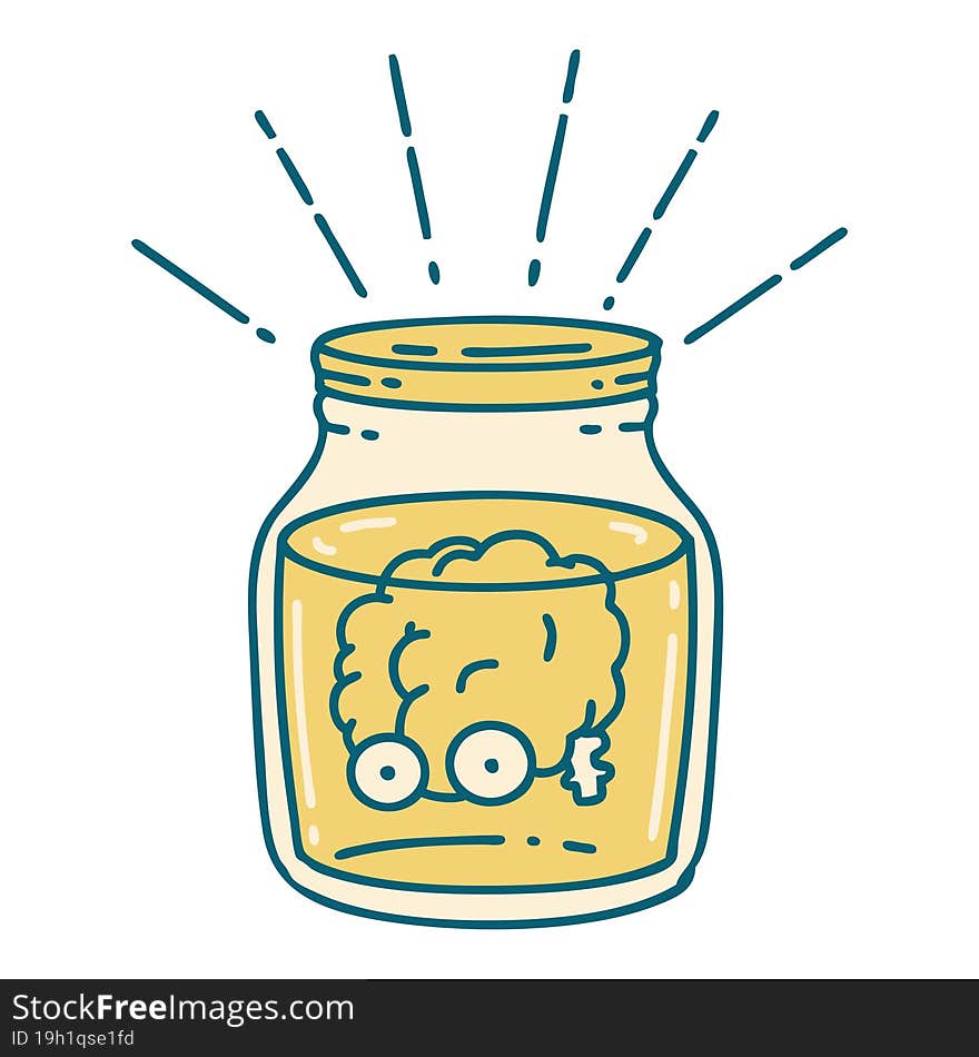 illustration of a traditional tattoo style brain in jar