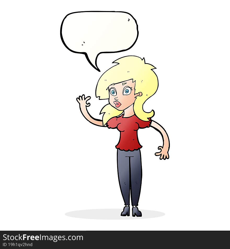 Cartoon Pretty Woman Waving With Speech Bubble